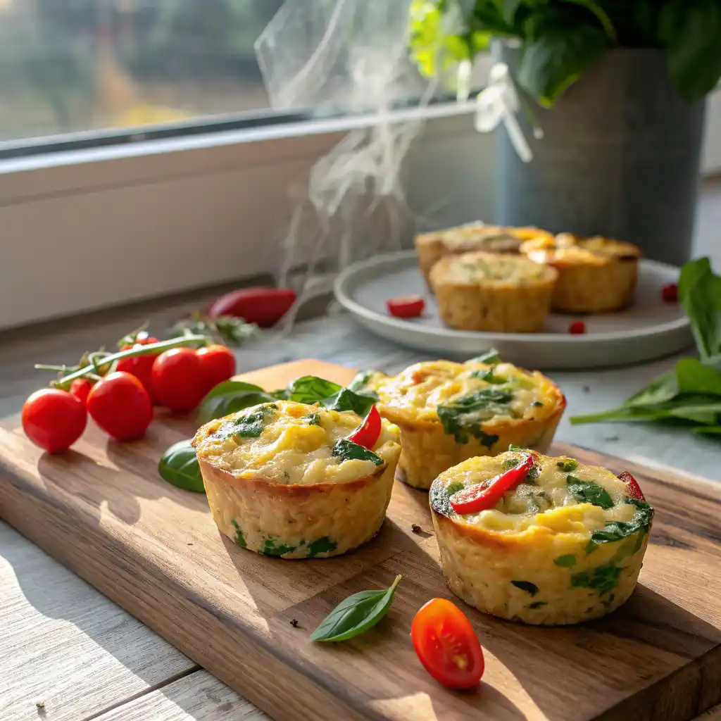 Golden brown egg muffins and frittatas with melted cheddar cheese, colorful bell peppers, fresh spinach, and cherry tomatoes on a rustic wooden board