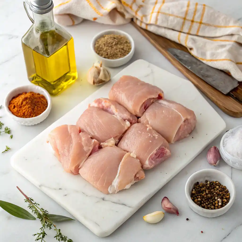 Fresh ingredients for baked chicken thighs including raw chicken, olive oil, and spices on a white surface