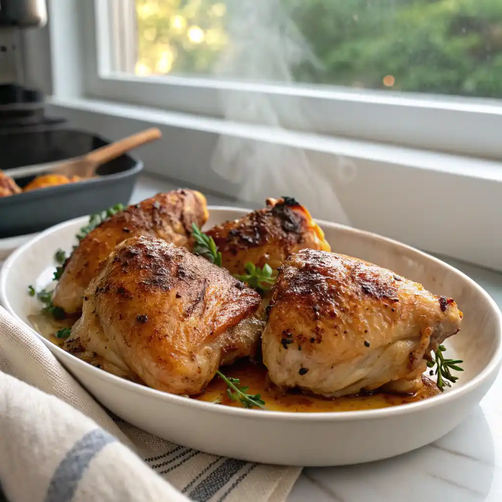 Perfectly baked chicken thighs golden brown and juicy on a white plate, crispy edges with paprika seasoning, ready to serve