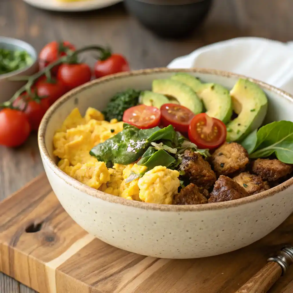 Keto breakfast power bowl with eggs, sausage, avocado, spinach, cheese and tomatoes in rustic ceramic bowl