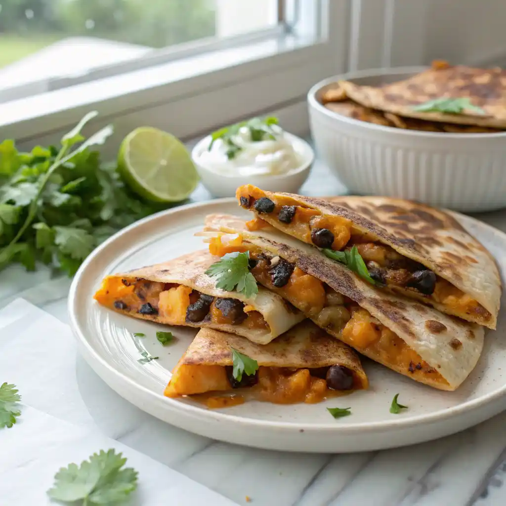 Crispy golden black bean and sweet potato quesadillas cut into triangles with melted cheese oozing out, garnished with fresh cilantro, sour cream, and lime wedges on white plate
