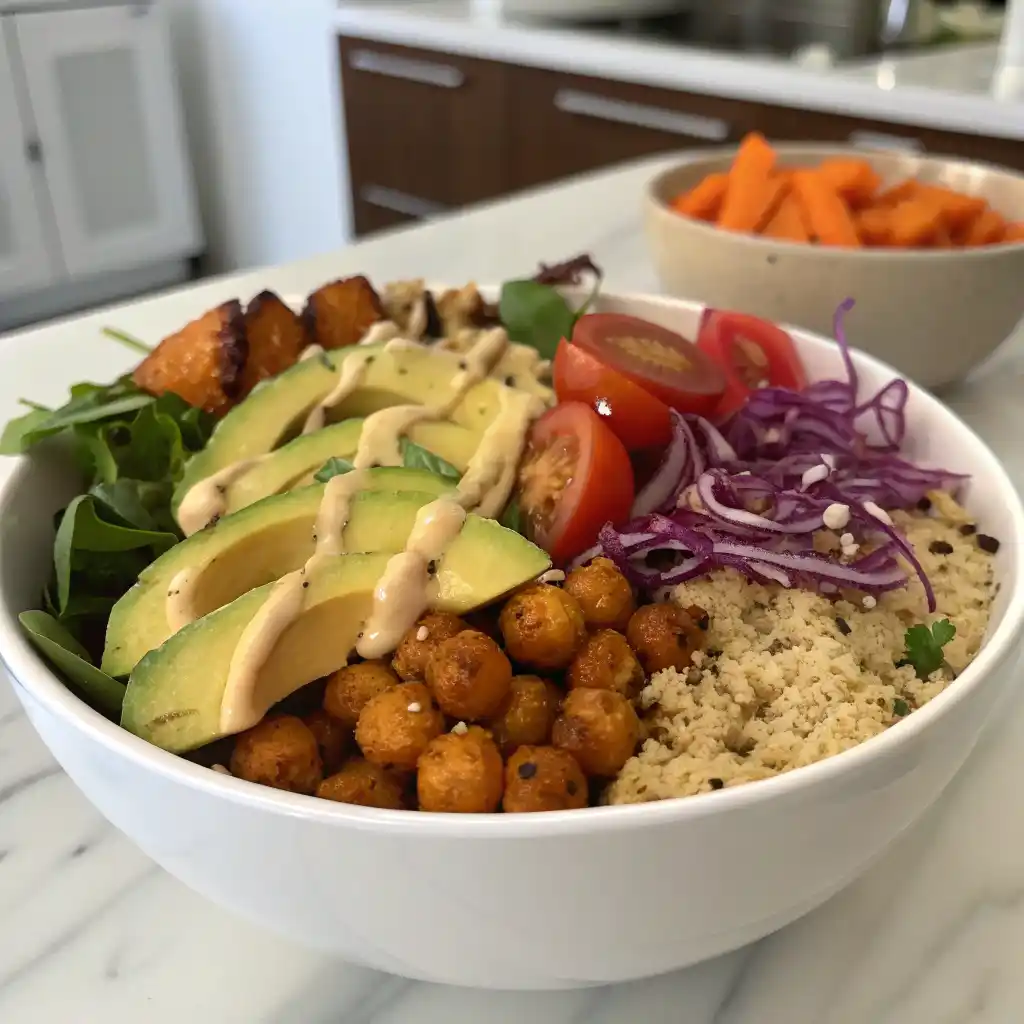 Colorful dairy-free vegan Buddha bowl with quinoa, roasted sweet potato, crispy chickpeas, mixed greens, cherry tomatoes, avocado slices, and purple cabbage drizzled with creamy tahini-maple dressing