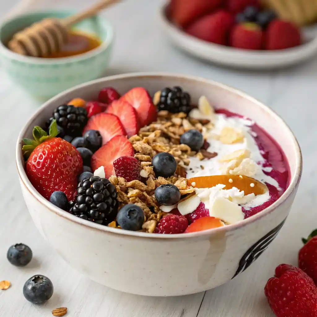 Energizing açai and granola breakfast bowl with Greek yogurt, fresh mixed berries, granola, coconut flakes, and honey drizzle in white ceramic bowl
