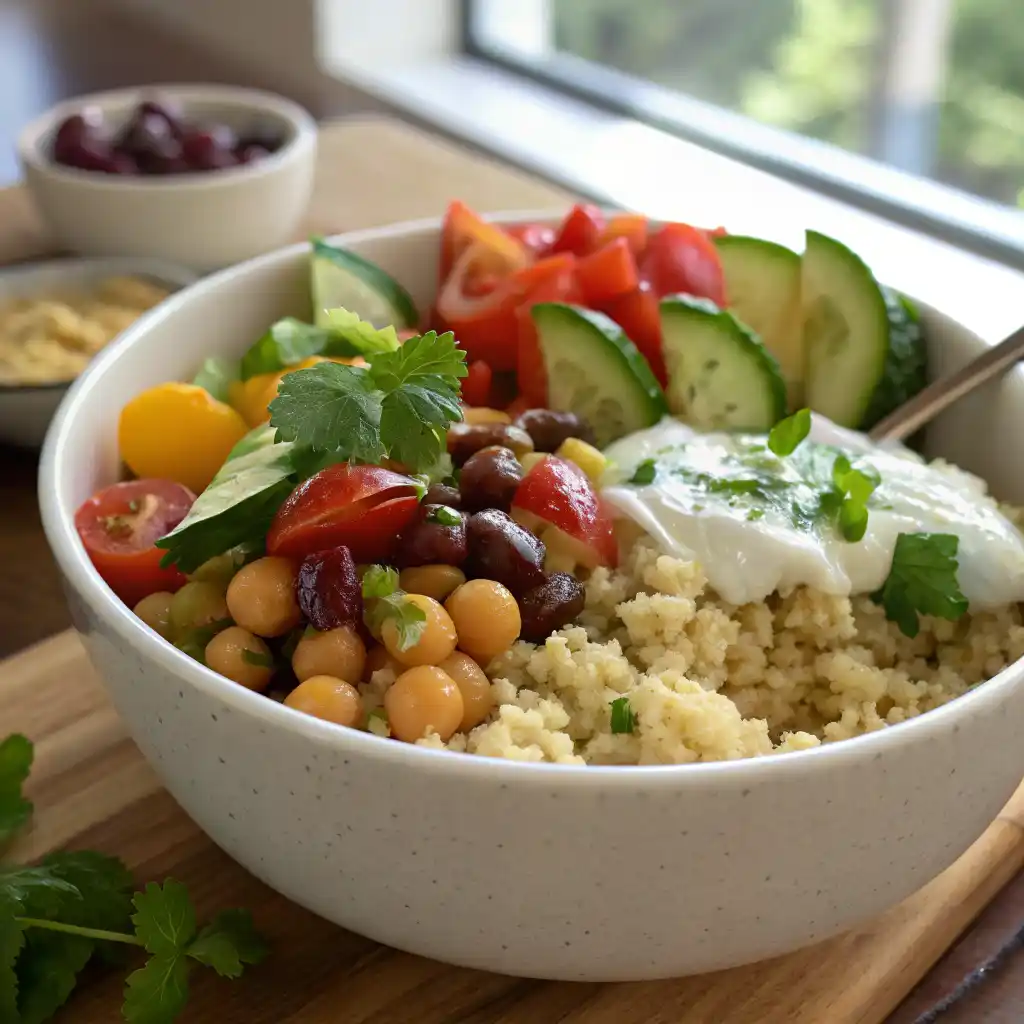Plant-based Mediterranean quinoa bowl with roasted vegetables, chickpeas, herbs, and tahini dressing