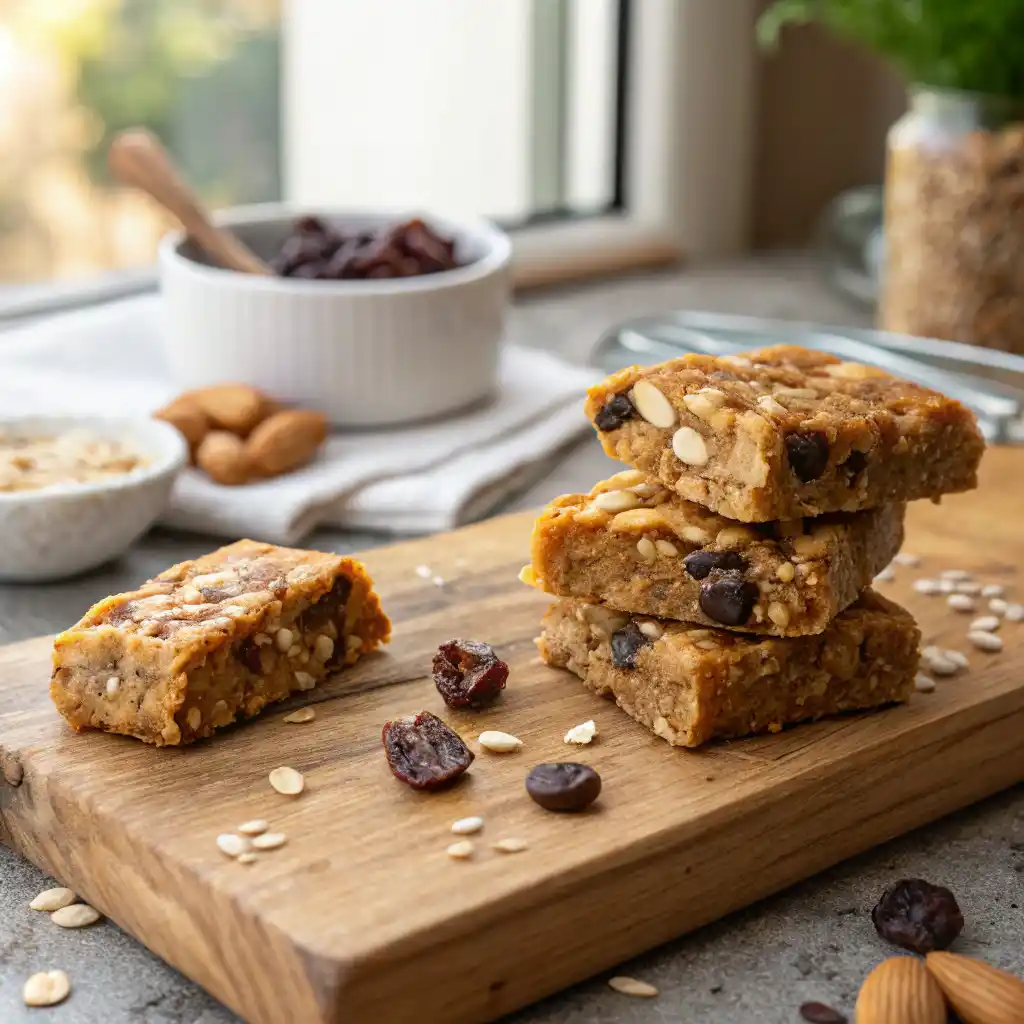 No-bake energy bars and bites stacked on rustic wooden board showing dates, almonds, cashews, and chocolate chips