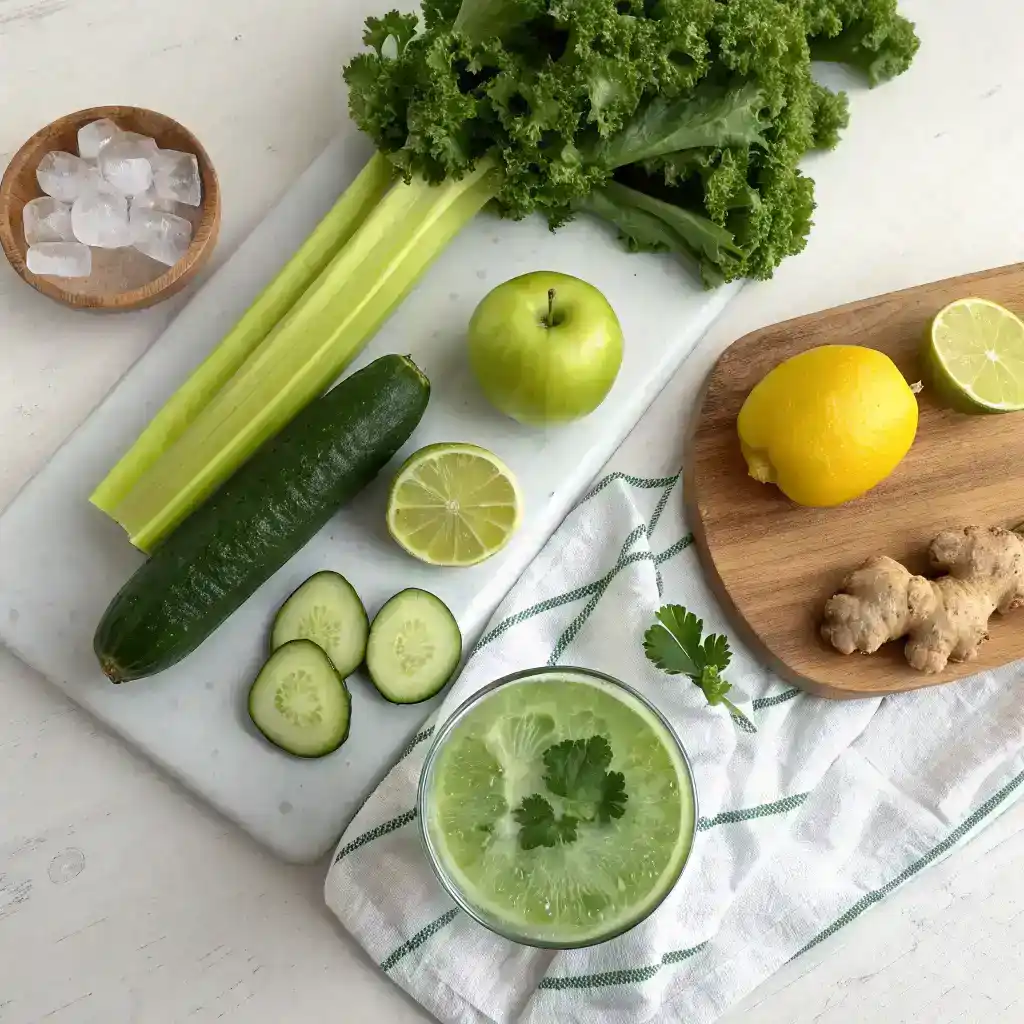 Fresh green juice detox ingredients including cucumber, celery, kale, green apple, lemon and ginger arranged on white marble counter