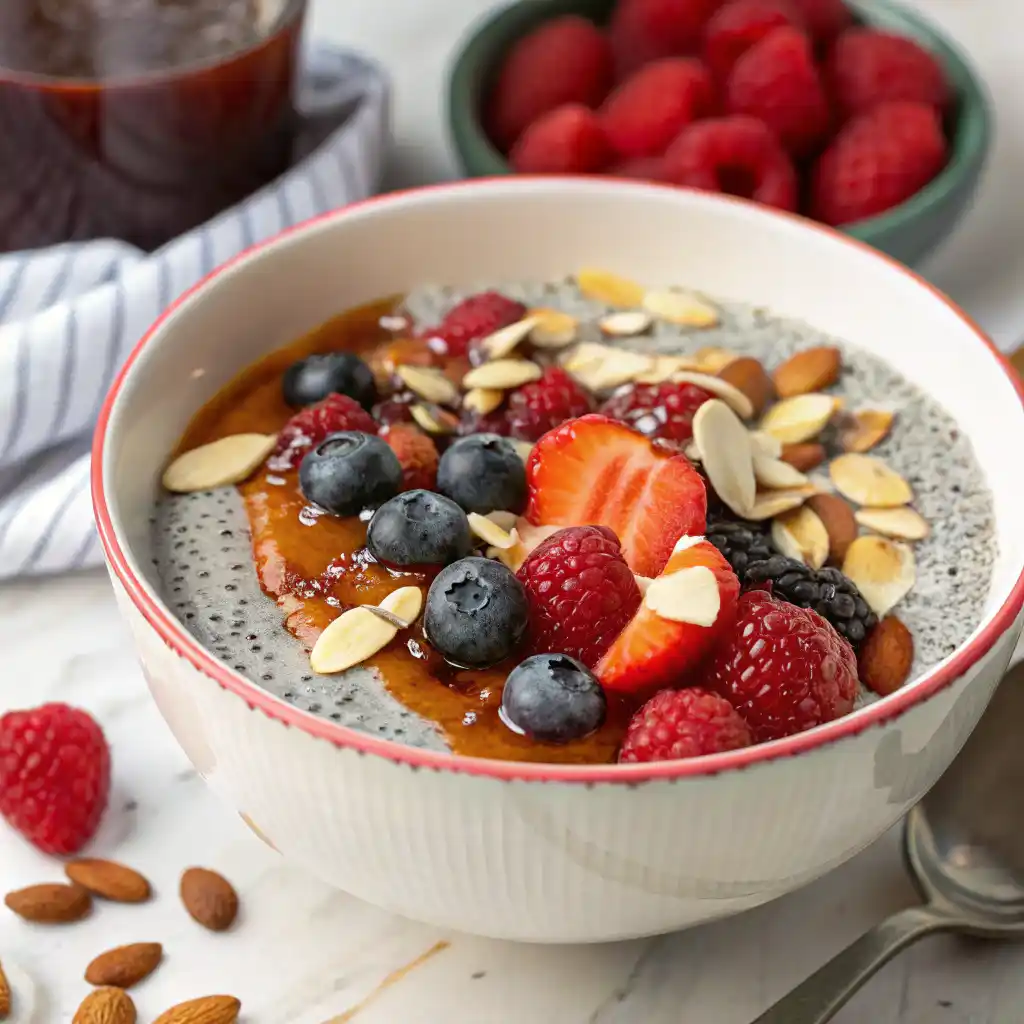 Creamy chia pudding topped with fresh mixed berries, sliced almonds and coconut flakes in a glass jar on white marble counter