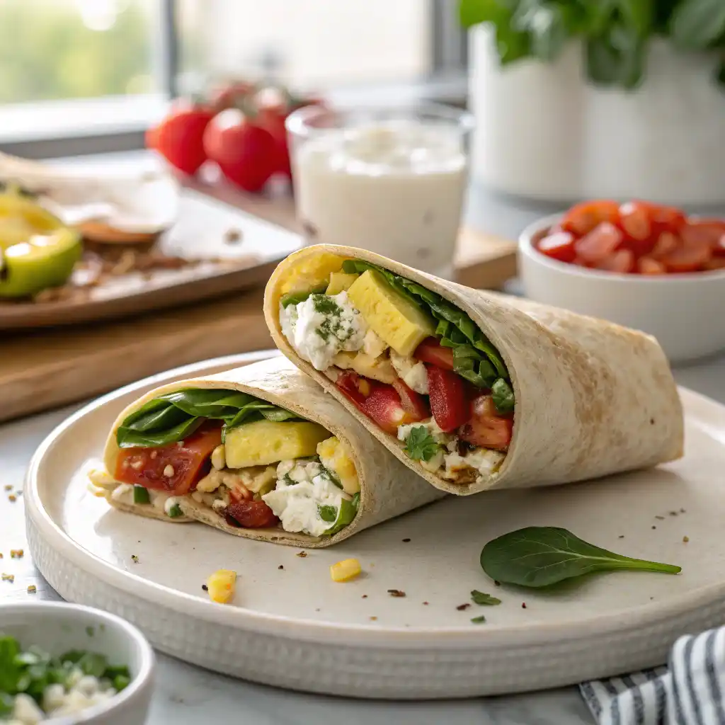 Healthy breakfast wraps with eggs bacon spinach and avocado cut in half showing colorful filling on rustic plate
