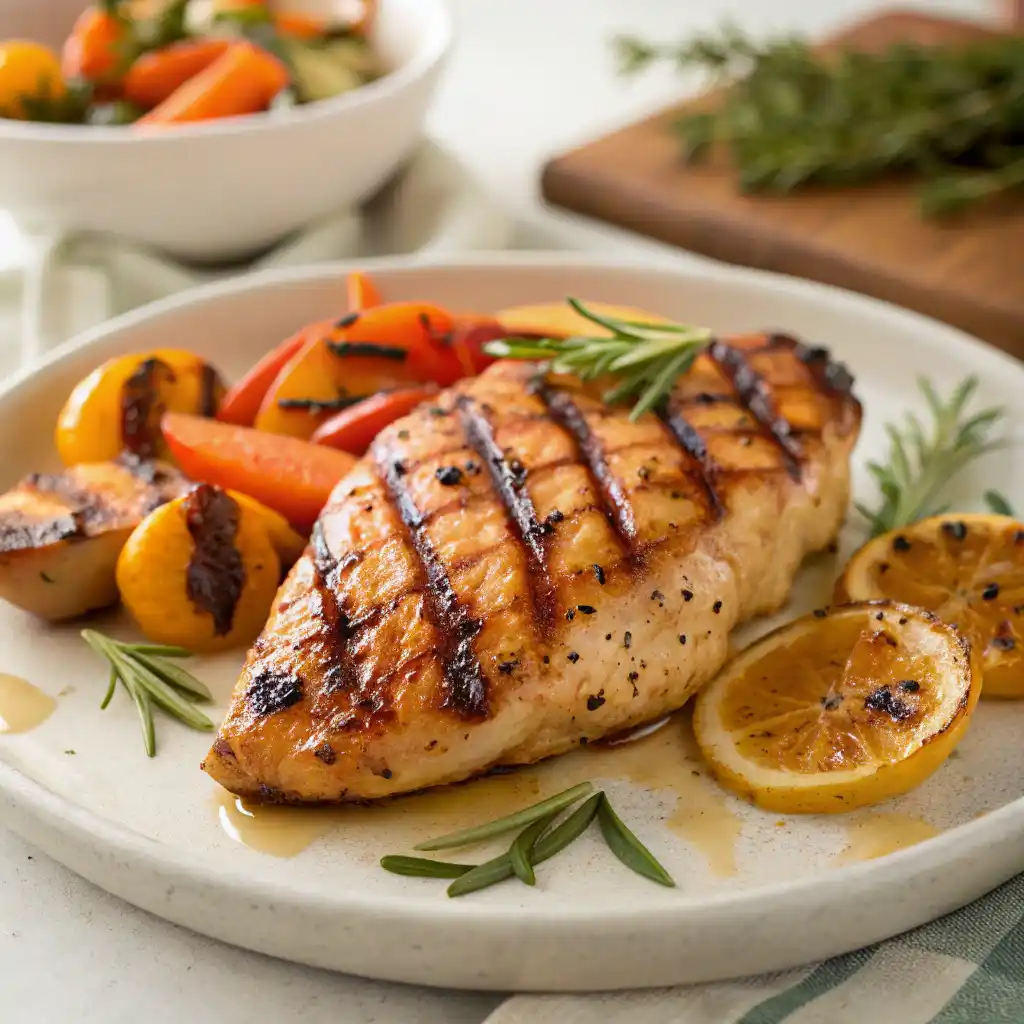 Easy gluten-free recipes - citrus marinated grilled chicken with perfect char marks on white plate