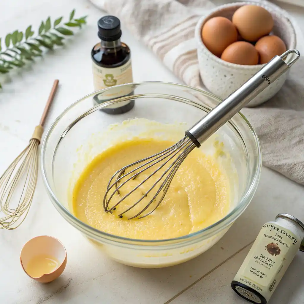 Whisking eggs and mashed bananas together in a glass bowl for almond flour banana pancakes
