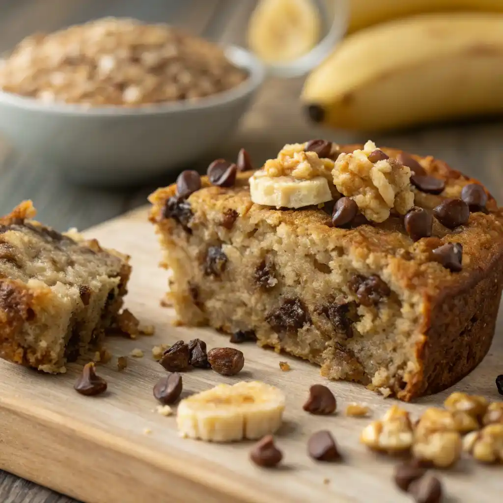 Close up of golden brown baked banana oatmeal fresh from oven in white ceramic baking dish, steam rising, showing cake-like texture with visible rolled oats on rustic wooden table