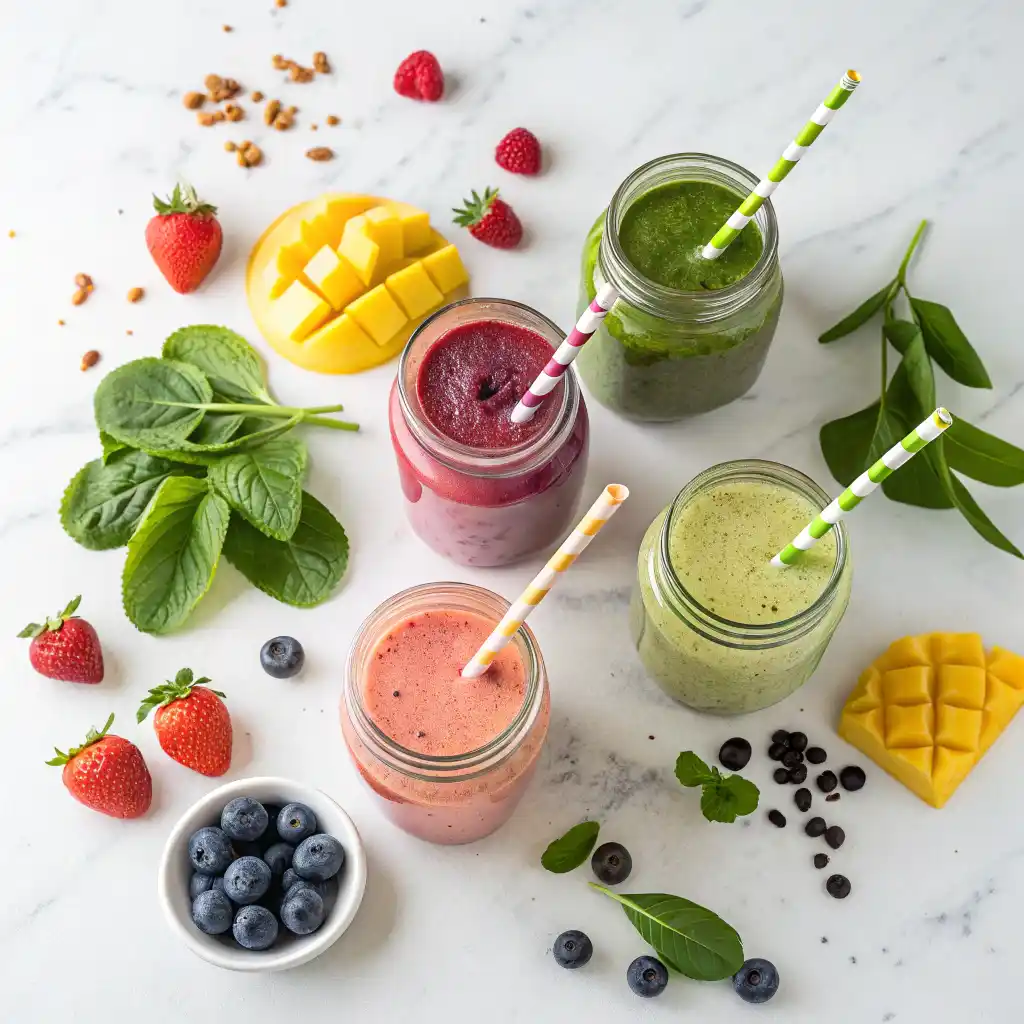 Five healthy smoothie recipes in clear glasses including green spinach mango, berry protein, tropical pineapple coconut, chocolate peanut butter, and matcha smoothies on white marble counter