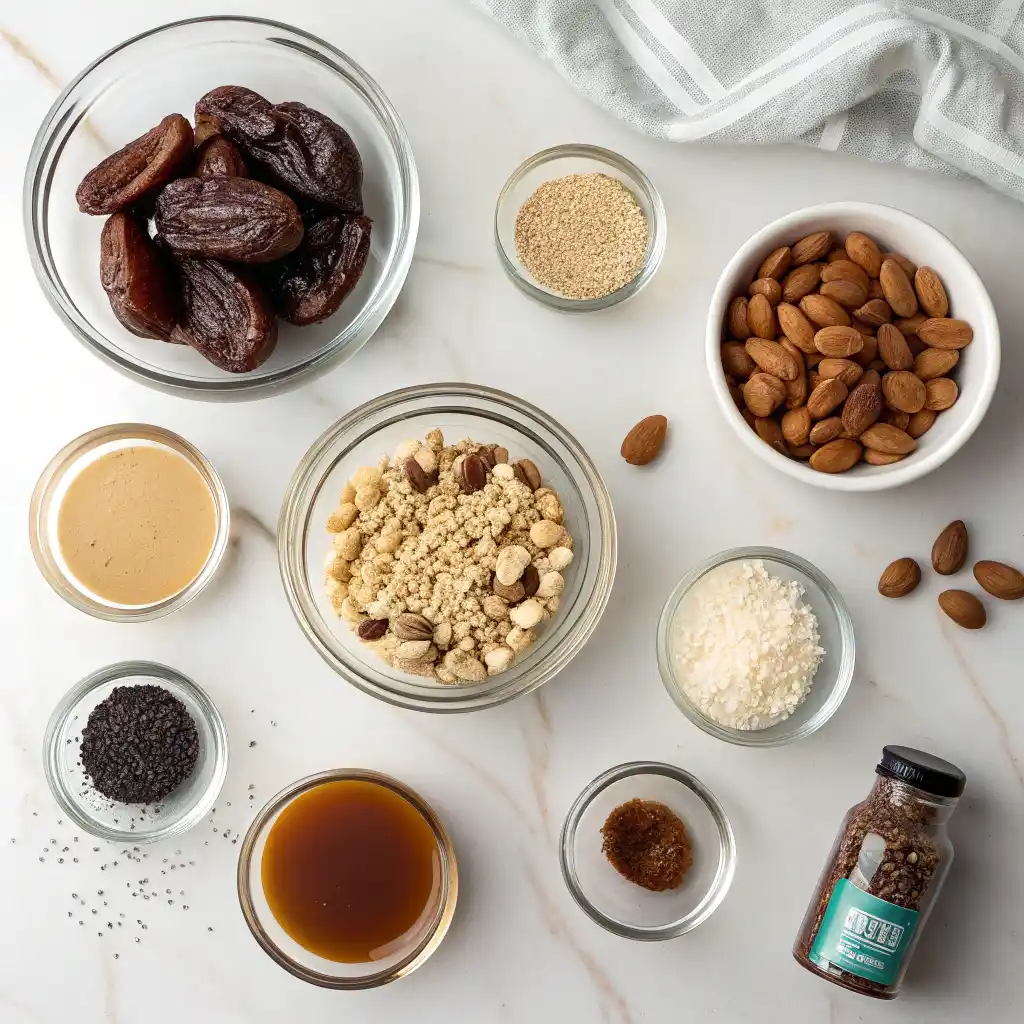 Energy bars and bites ingredients including dates, almonds, cashews, oats, coconut, chia seeds, and chocolate chips arranged on white marble counter