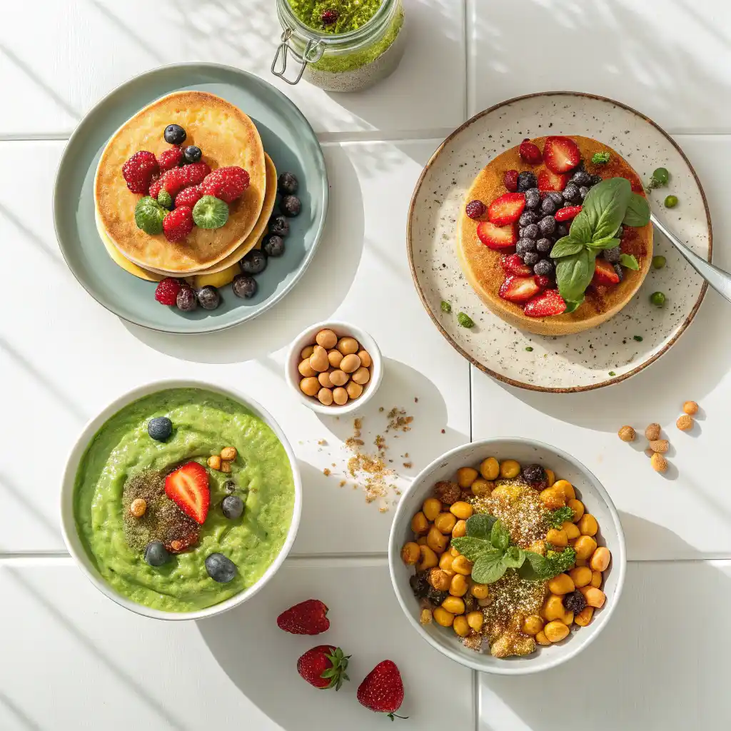 Four vegan breakfast recipes including fluffy pancakes with berries, green smoothie bowl, savory chickpea scramble, and chocolate chia pudding arranged on wooden table