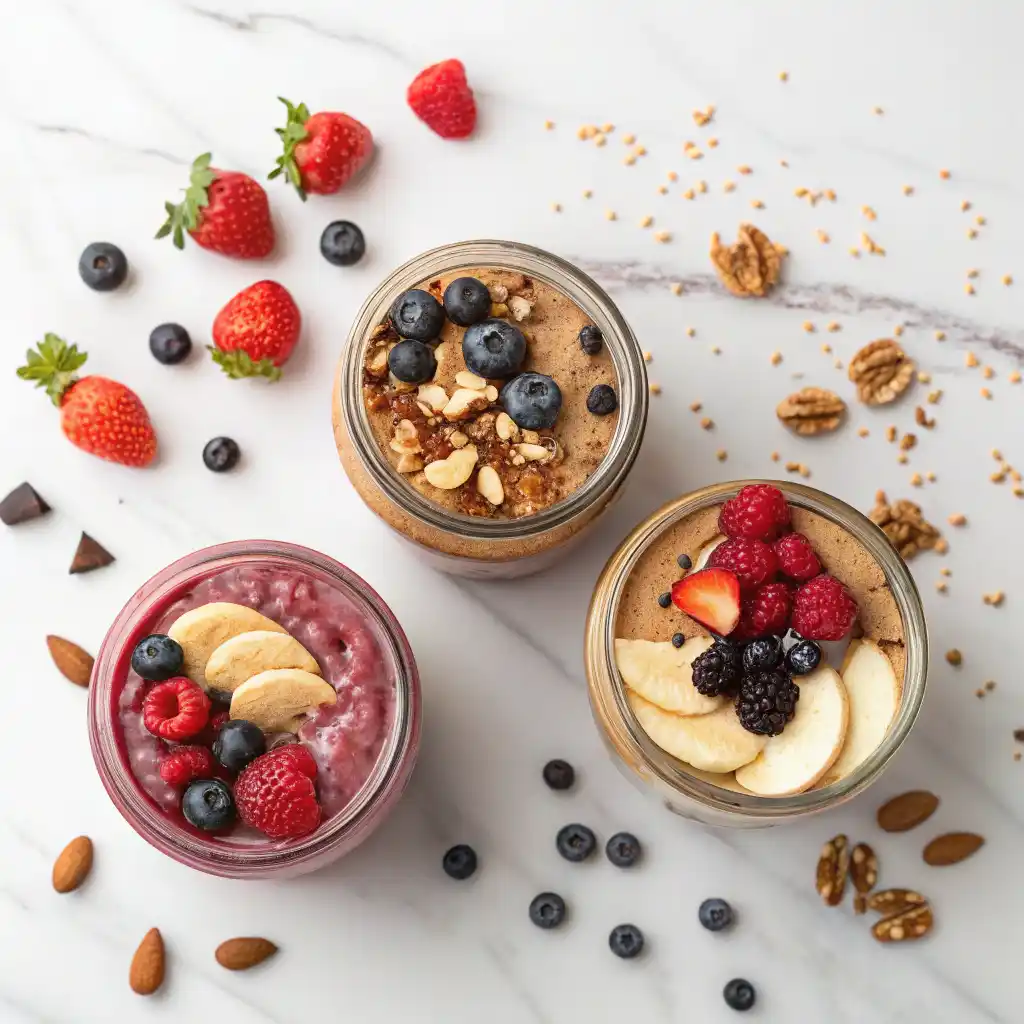 Three overnight oats recipes in mason jars - berry, chocolate peanut butter, and apple cinnamon with fresh toppings