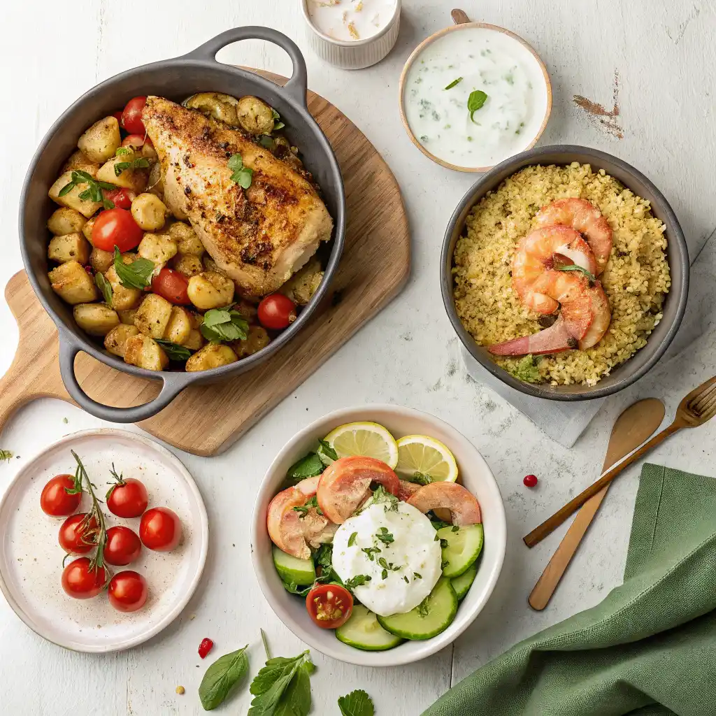 Quick and easy healthy dinner recipes for weeknights - Mediterranean lemon chicken with roasted vegetables, Greek shrimp bowl with quinoa and tzatziki, Tuscan white bean kale skillet - all ready in 30 minutes or less for busy families