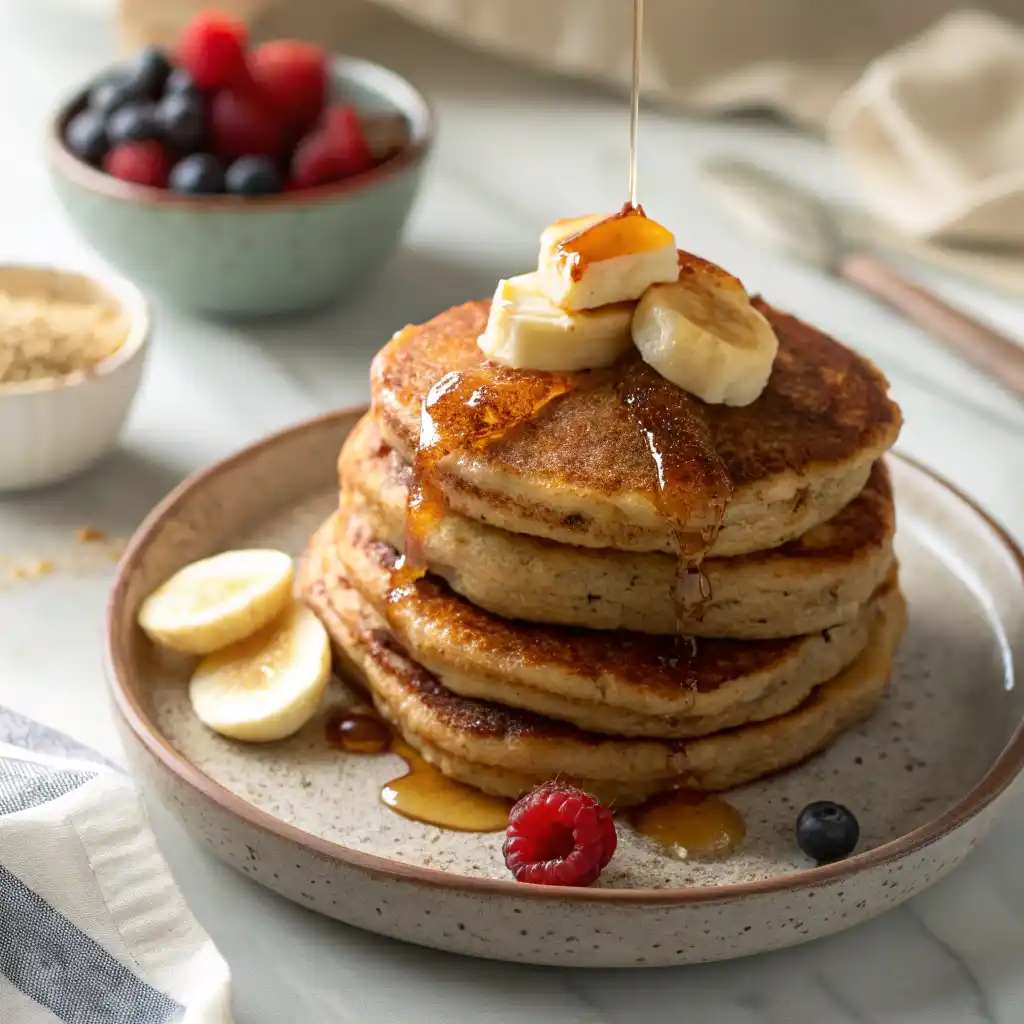 Fluffy almond flour banana pancakes stacked on a plate with maple syrup and fresh berries