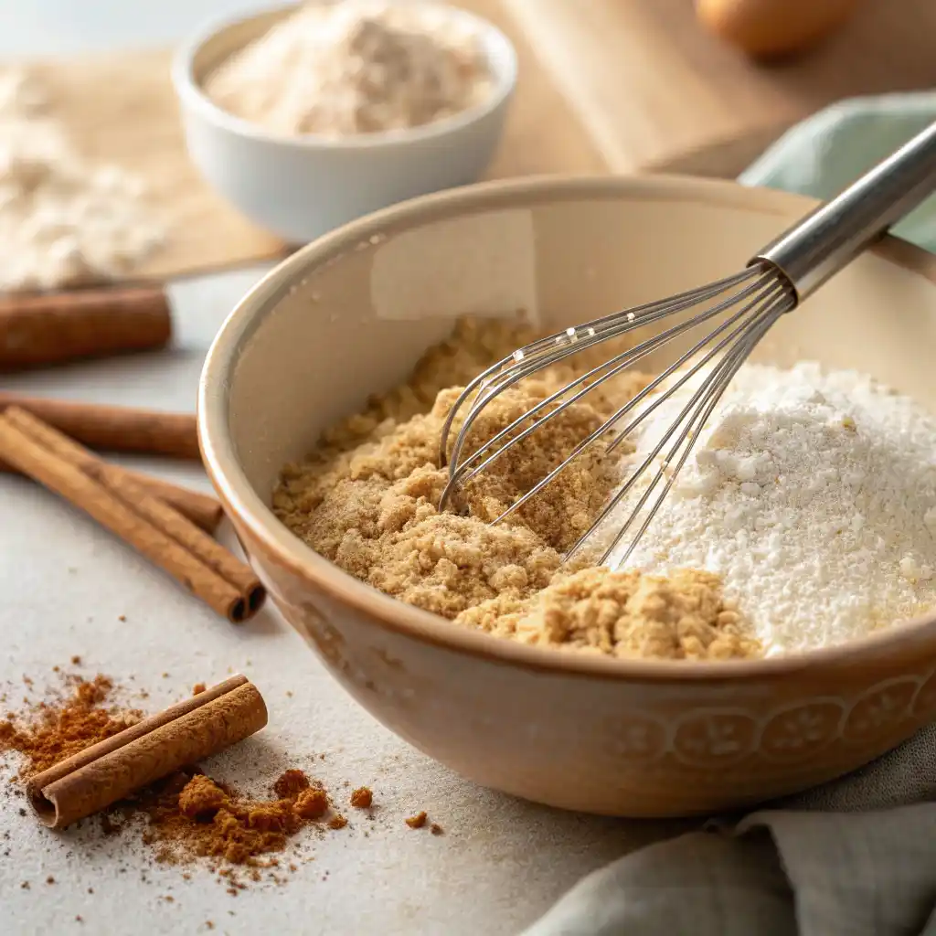 Combining dry ingredients - almond flour, baking powder, cinnamon and salt in a bowl