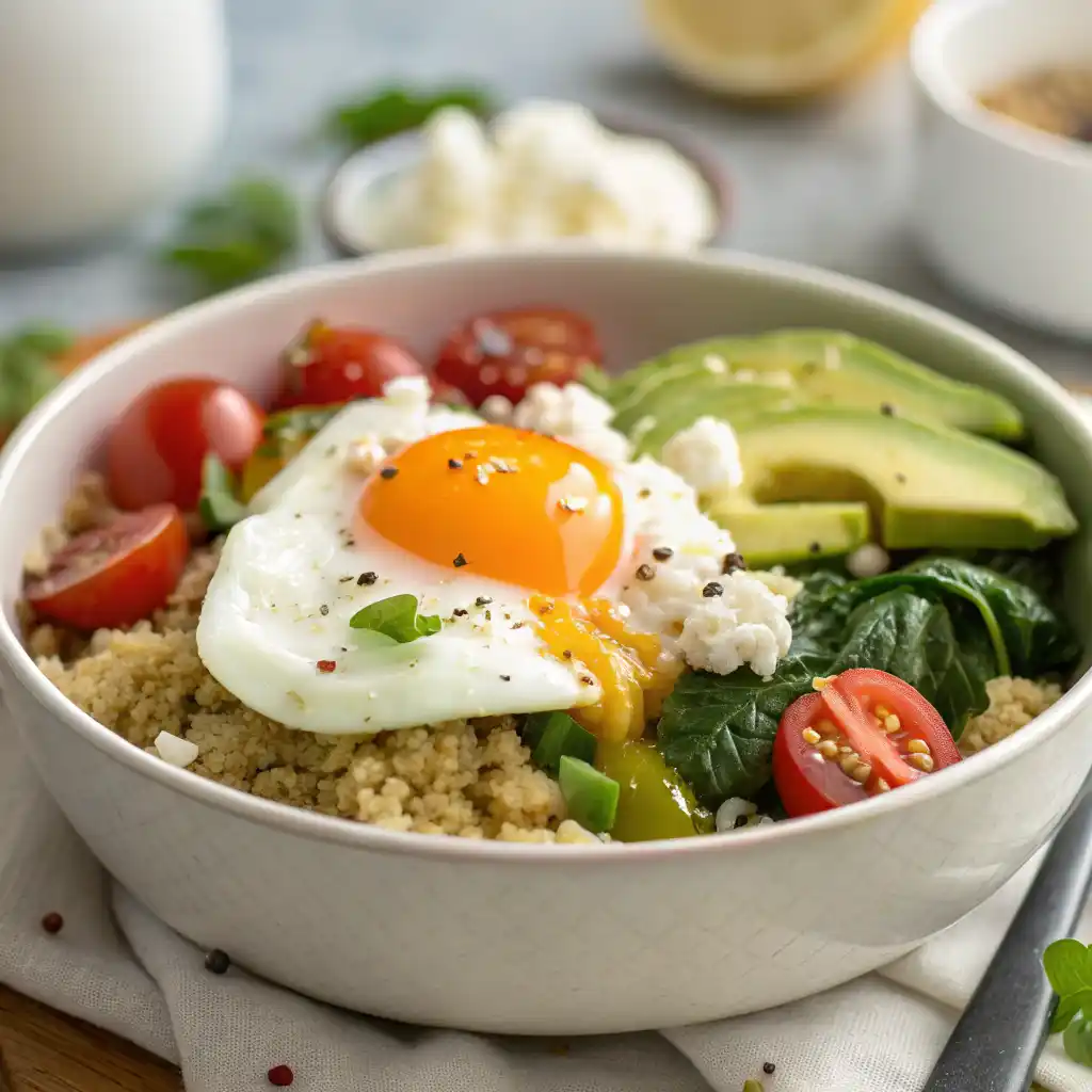 Savory quinoa breakfast bowl with egg, spinach, tomatoes and avocado in white bowl