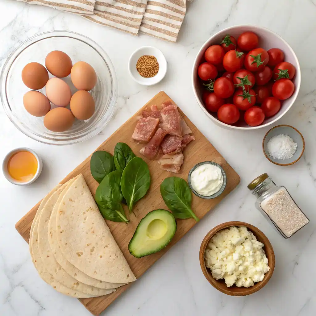 Top down view of fresh ingredients for healthy breakfast wraps including whole wheat tortillas, eggs, turkey bacon, spinach, avocado, feta cheese, and tomatoes arranged on white marble counter