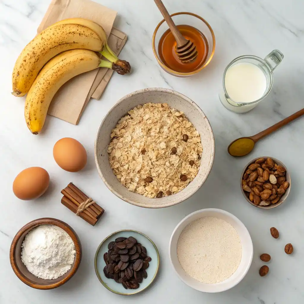 Top down flat lay of baked banana oatmeal ingredients - rolled oats, ripe bananas, eggs, milk, honey, cinnamon, vanilla, walnuts, and chocolate chips on marble counter