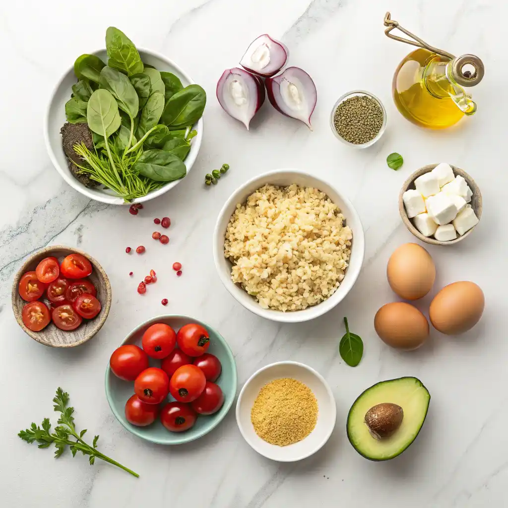 Fresh ingredients for savory quinoa breakfast bowl laid out on marble countertop including quinoa, eggs, spinach, tomatoes, avocado and spices