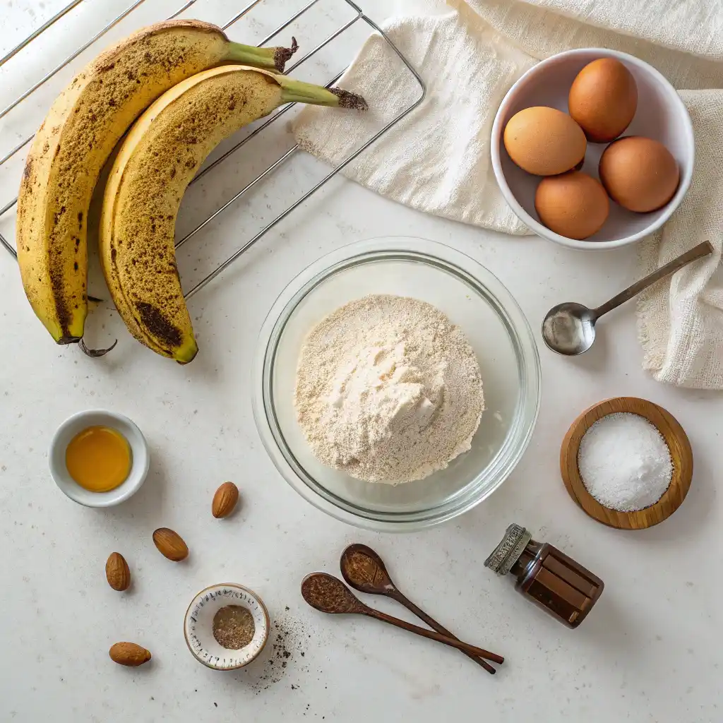 Almond flour banana pancakes ingredients laid out on a table including ripe bananas, almond flour, eggs, and spices