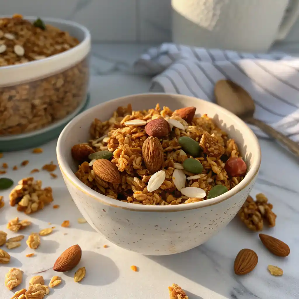 Homemade healthy granola recipe with golden crunchy clusters in white bowl, showing rolled oats, almonds, pumpkin seeds, and coconut flakes with maple syrup coating