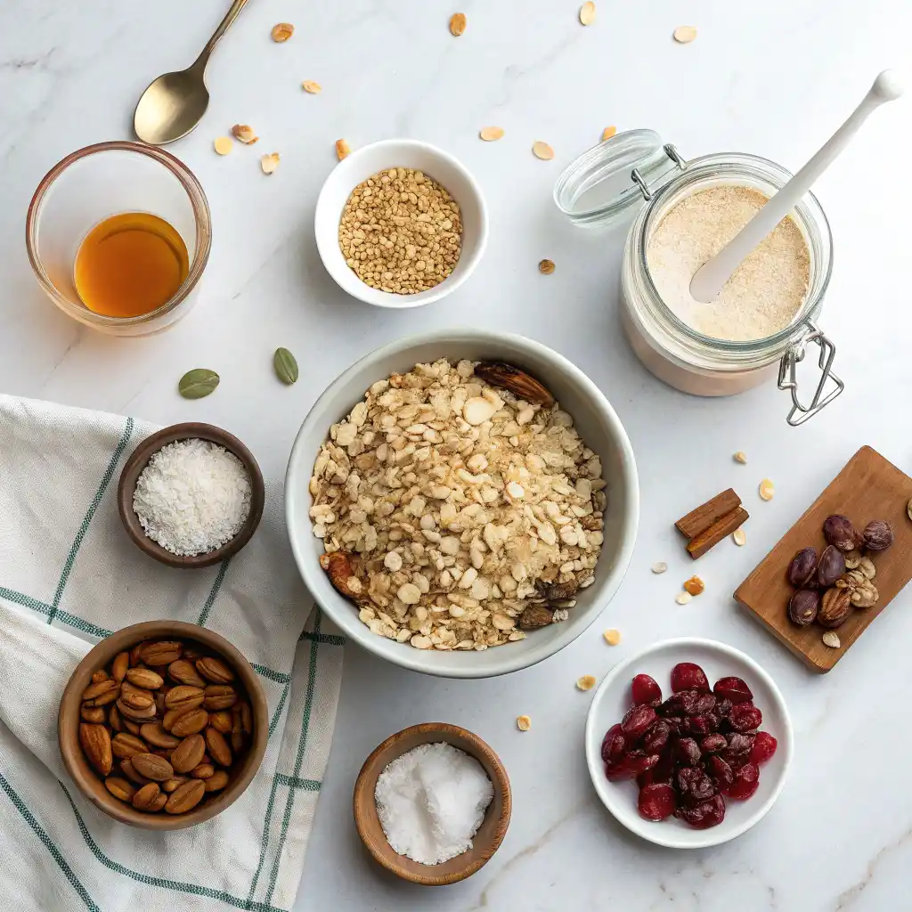 Healthy granola recipe ingredients laid out on white marble counter including rolled oats, almonds, pumpkin seeds, coconut flakes, maple syrup, and cinnamon