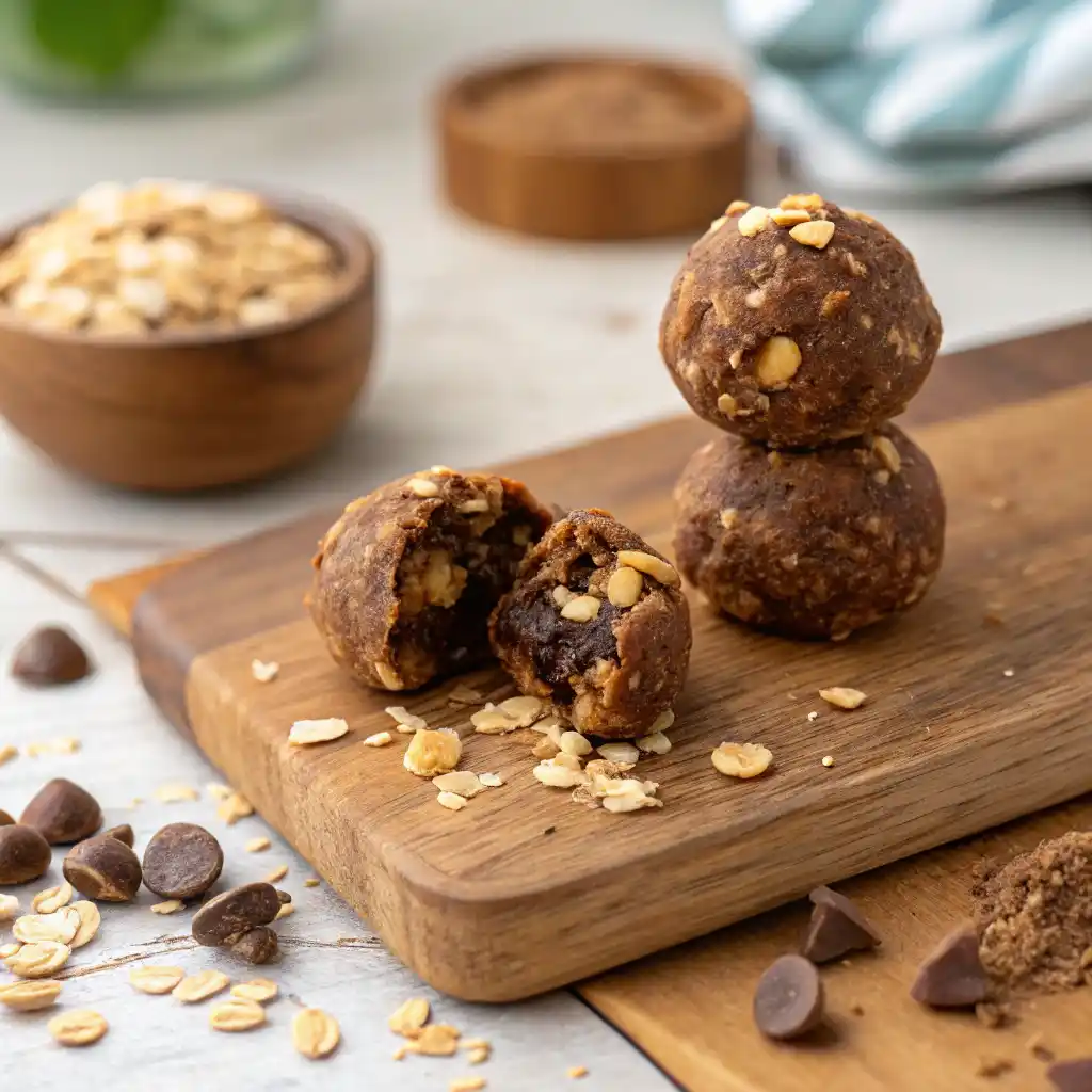 No-bake chocolate peanut butter energy balls healthy snacks stacked on wooden board with scattered oats and chocolate chips