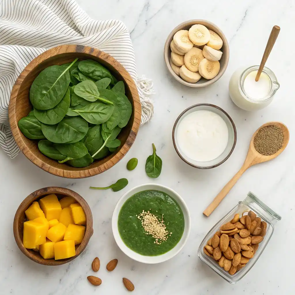 Green Power Smoothie ingredients laid out on white marble counter - fresh spinach, banana, mango, Greek yogurt, almond butter, chia seeds, almond milk, and coconut water
